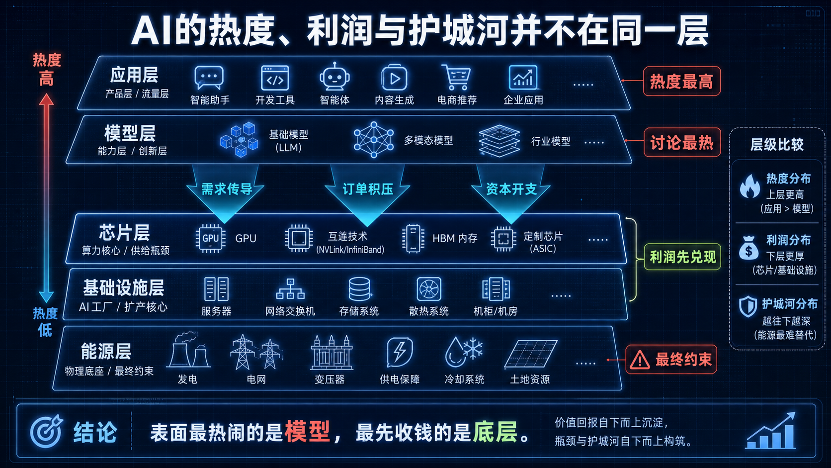 AI热度、利润与护城河分层示意图