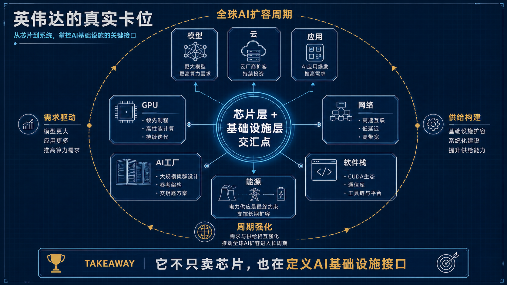 英伟达在AI基础设施中的枢纽卡位图
